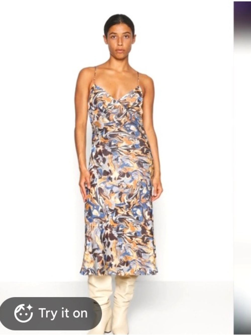 Abercrombie & Fitch Abstract Print Satin Slip Midi Dress in Blue and Tan